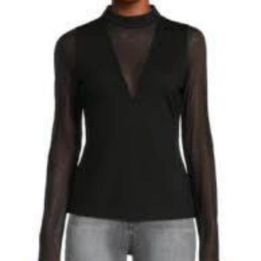 NWT BCBGMAXAZRIA black long sleeve sheer top Size M